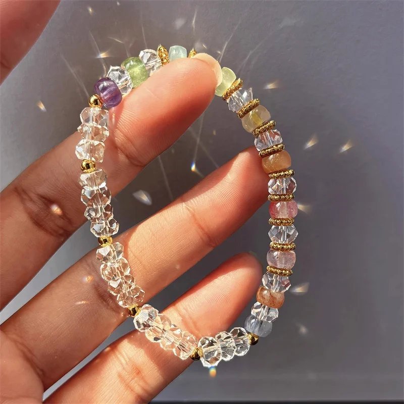 

Natural Multi-Color Rainbow White Crystal Bracelet for Women Fashion Exquisite Amethyst Colored Bead Bracelet Gift