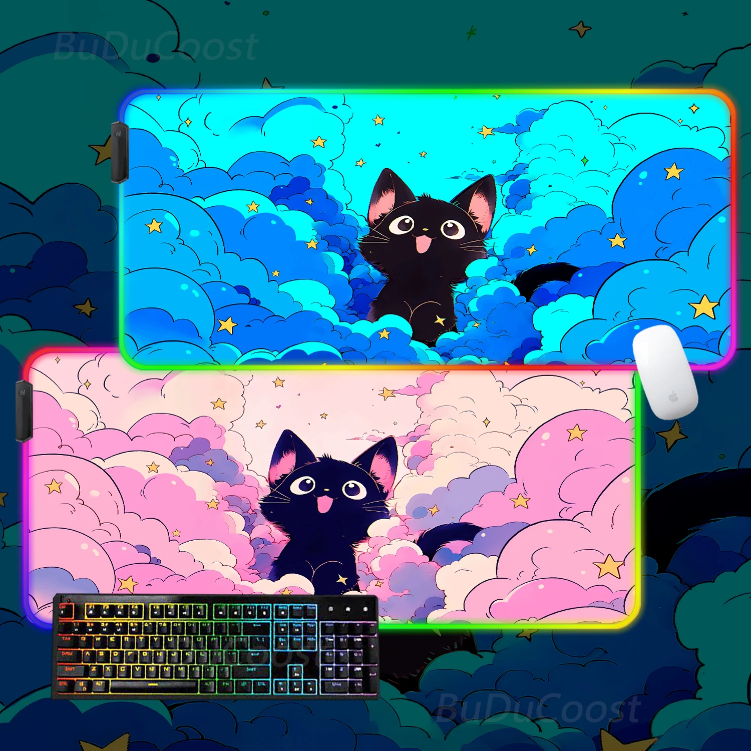 

Mousepad RGB Black Cat Cloud Colorful Lumious Lighting mouse pad keyboard mause kawaii pink carpet Colorful glow 40x90 Large rug