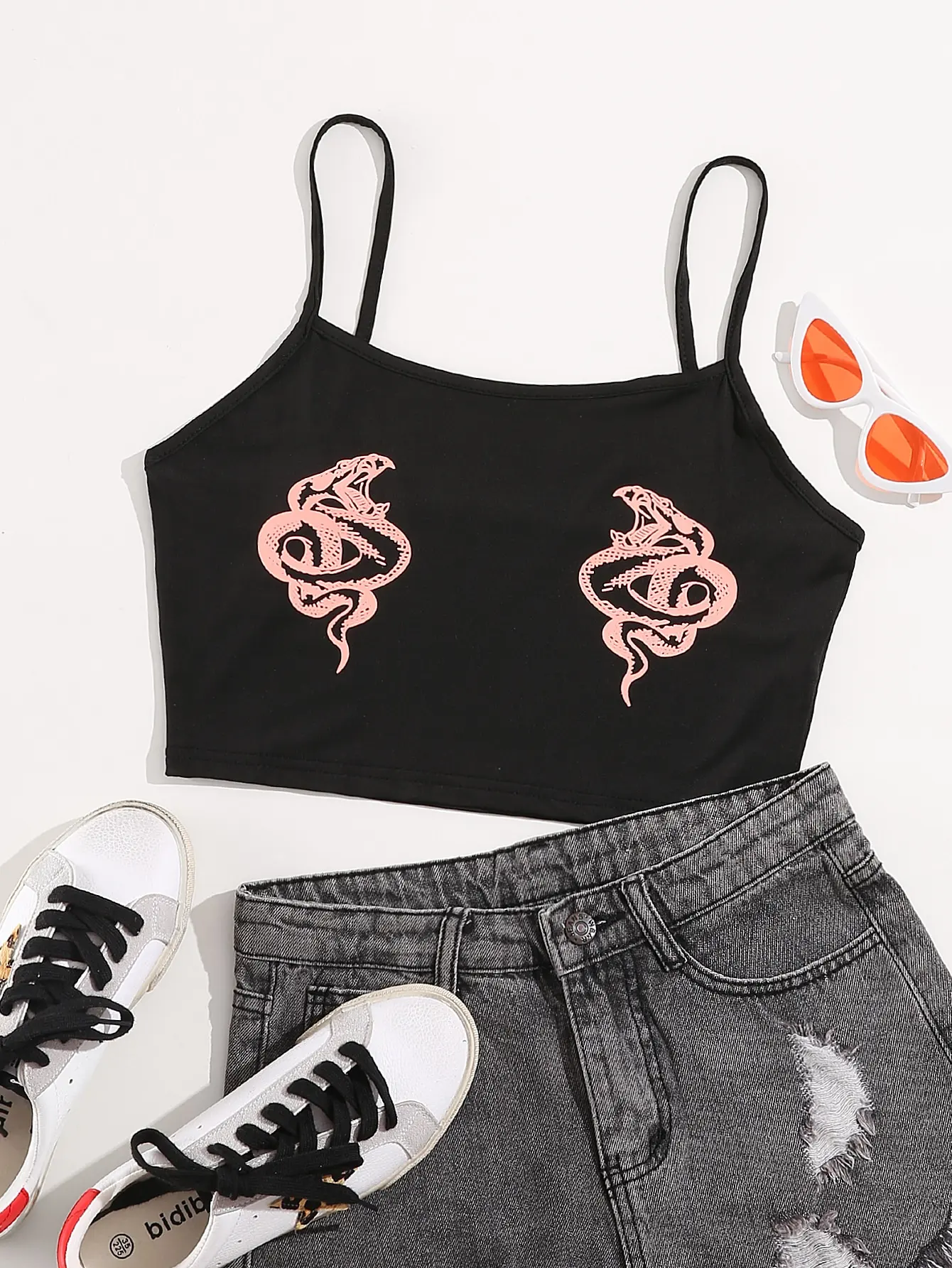 Women's Y2K Snake Print Thin Strap Crop Cami Top, Slim Cropped Black Tank, Streetwear Layering Vest For Ladies