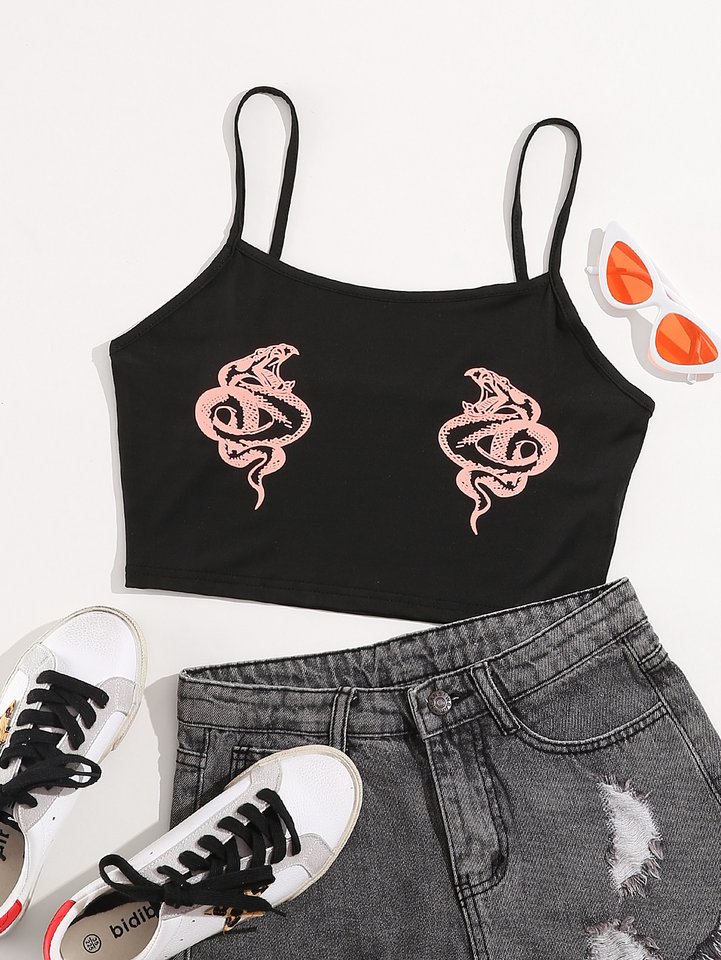 Women's Y2K Snake Print Thin Strap Crop Cami Top, Slim Cropped Black Tank, Streetwear Layering Vest For Ladies 