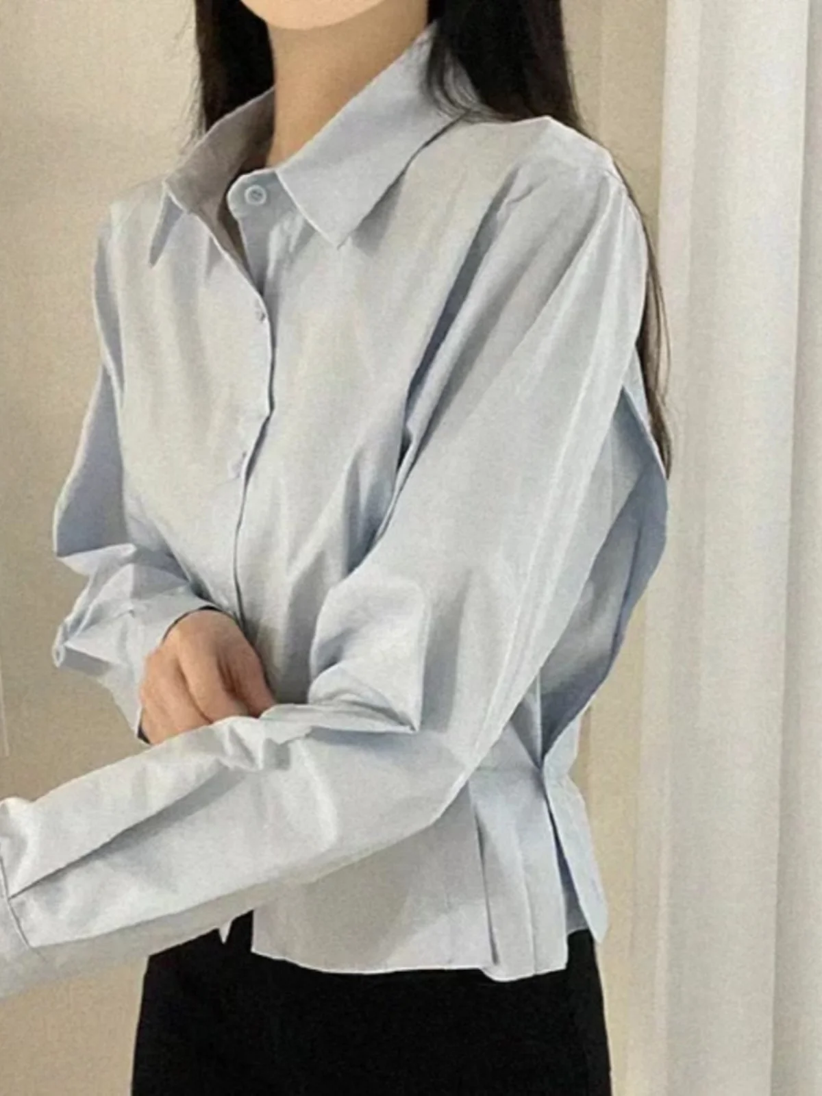 

Slimming Chic Women's irt Spring Faion Side Button Waist Cinch Korean Sle Loose Fit Long Sve ort Length Color