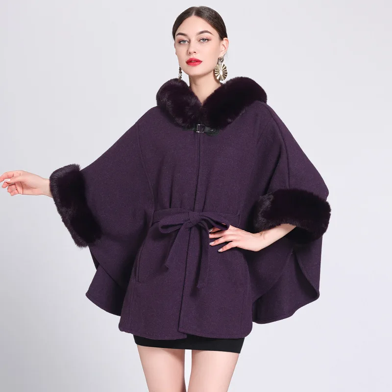 3 Colors Winter Warm Faux Woolen Poncho Belt Cape Women Rabbit Fur Big Batwing Sleeves Loose Long Cloak Coat With Hat