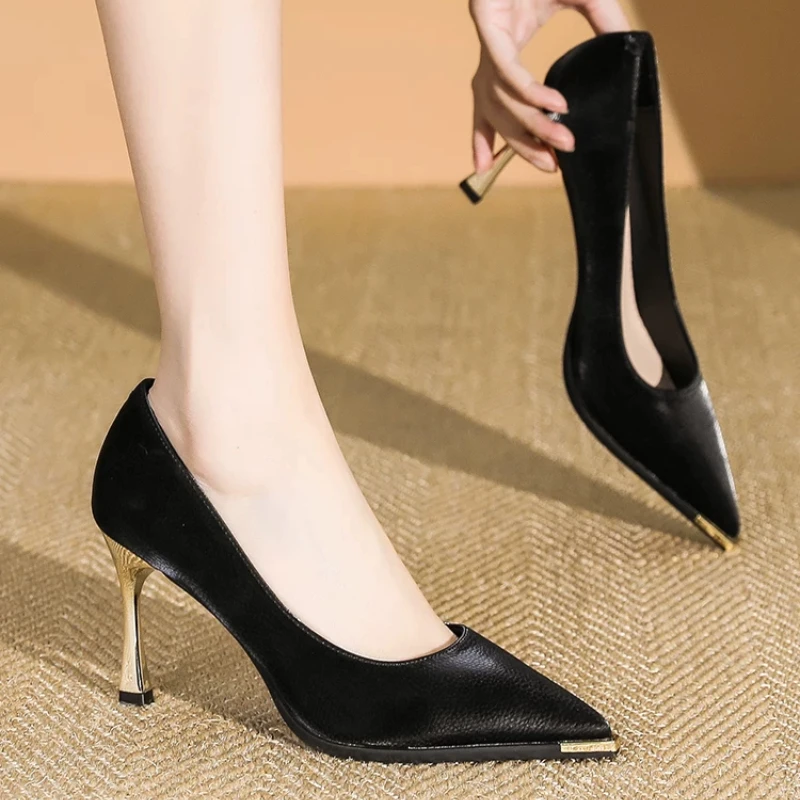 

2026 Spring and Autumn New Black High Heels Female Shallow Mouth Pointed Thin with Sexy Temperament Single Shoes