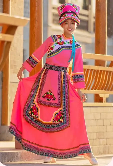 Robe de danse folklorique chinoise pour femme, ethnique Chiang, scène, anterie, rose, Sichuan, nouveau