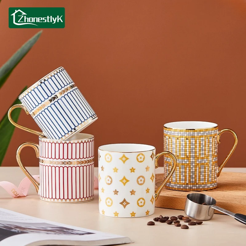 Tasse à café en céramique dorée peinte à la main de luxe légère, tasse de bureau, tasses à thé de l'après-midi, verres ménagers