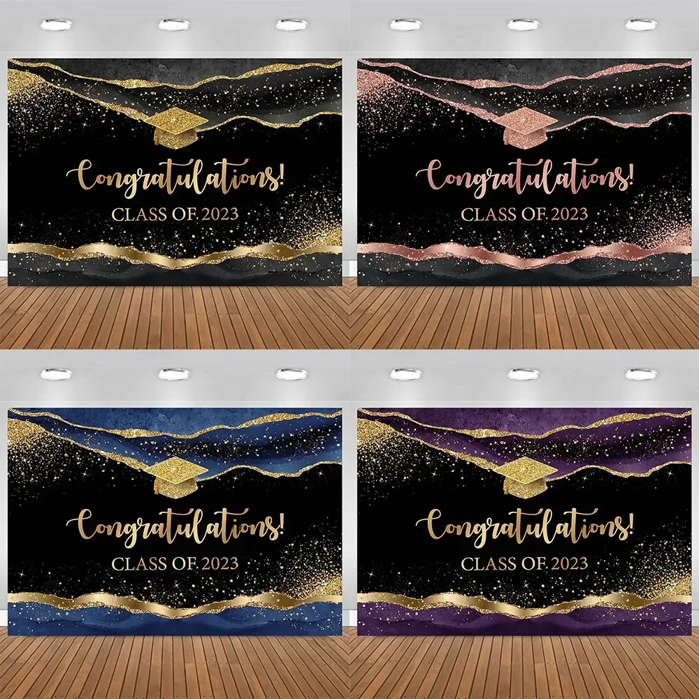 Glitter Gold Graduation Decoration Poster Backdrop Bachelor Cap 2023 Student Portrait Photo Background Studio Cake Table Props