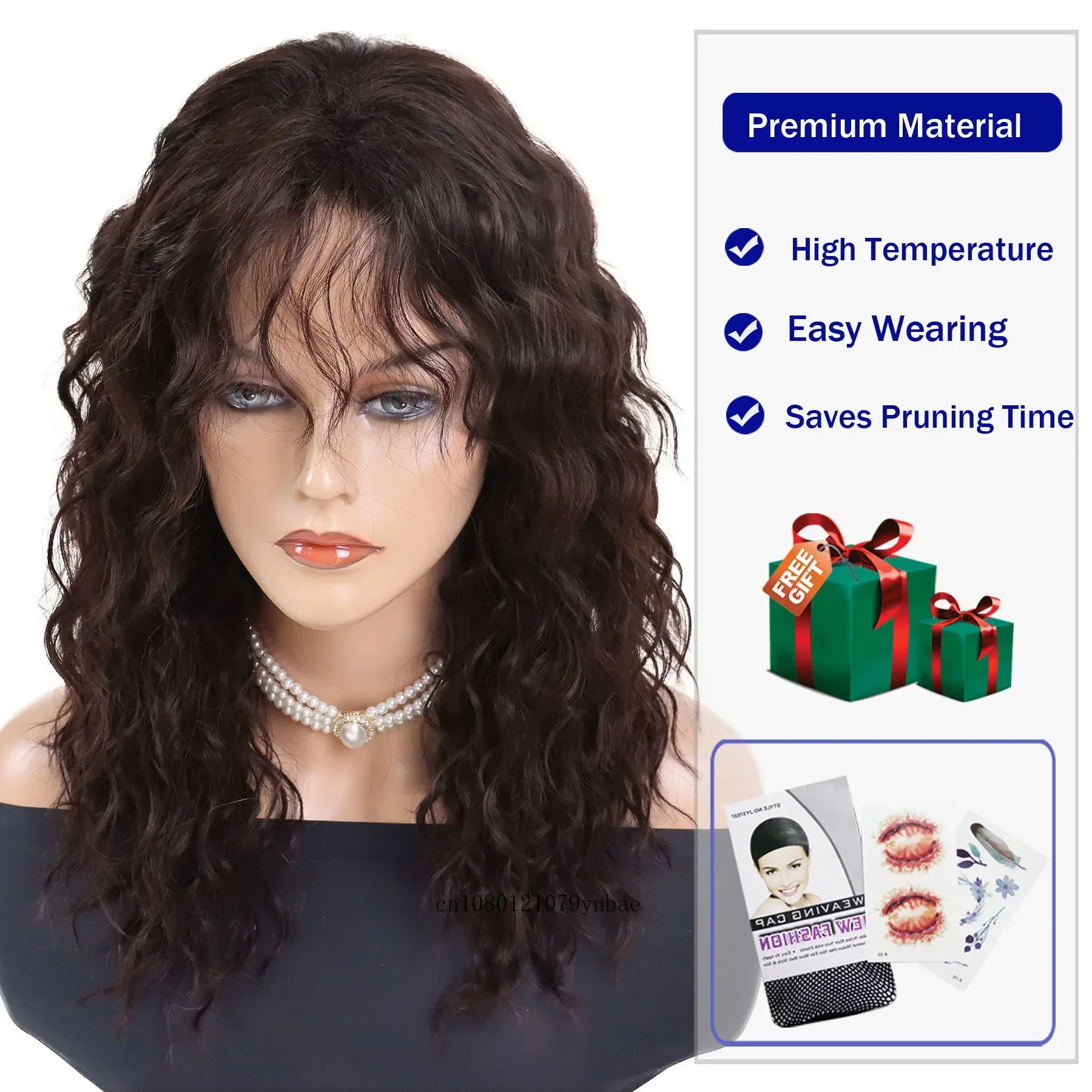 Synthetic Brown 20 Inch Long Wavy Wigs for Women Girl Fluffy Wig with Bangs Daily Mom Wig Halloween Cosplay Party Heat Resistant