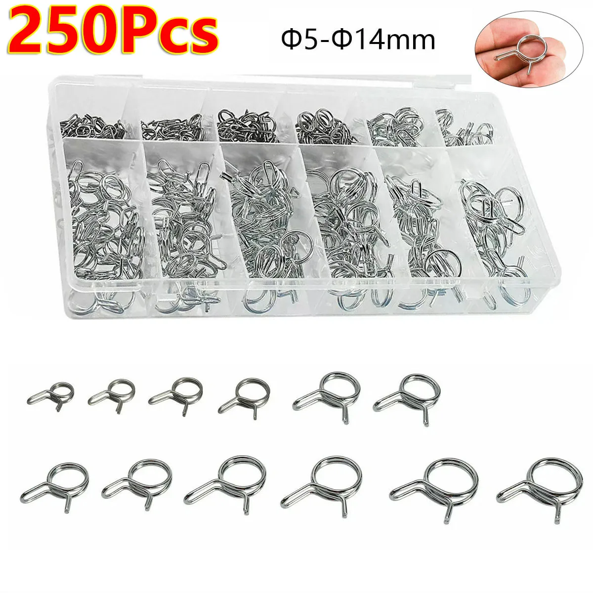 250Pcs 5-14mm Wire Fuel Line Hose Tubing Assortment Kit of Spring Clips Clamps for Motorcycle Scooter ATV Water Pipe Clips Set