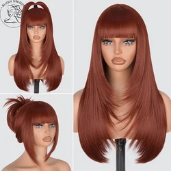 Reddish Brown Straight Layered Wigs with Bangs Glueless Lace Fake Easy to Go Synthetic Wigs Copper Red Heat Resistant Lace Wigs