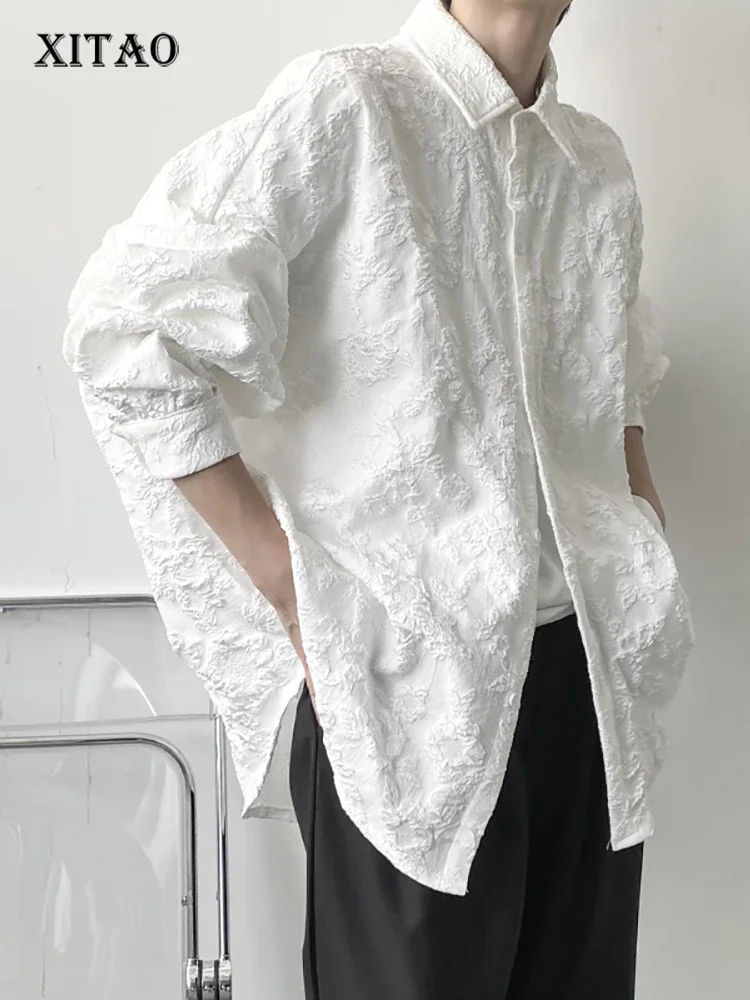 

XITAO New Crumpled Jacquard Shirt Loose Fashion Solid Color Casual Turn-down Collar Top New All-match Bat Wing Sleeve WMD5191