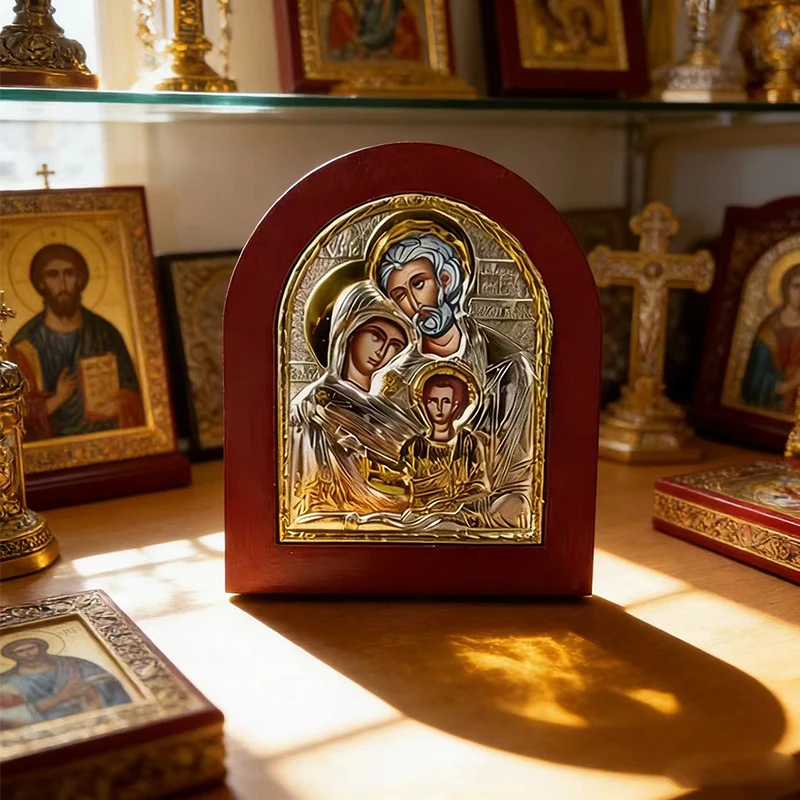 Byzantine Orthodox Holy Family Icon Silver Plated Handmade Wooden Religious Christian Home Altar Decor Devotional Gift 13x11cm
