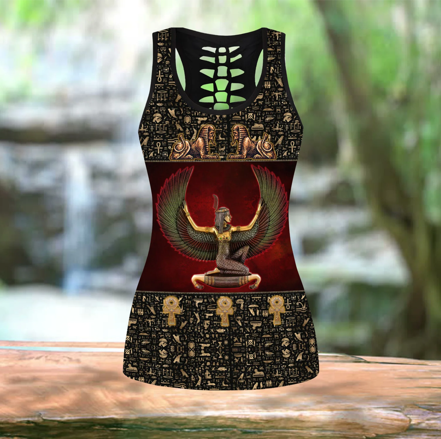 Ancient Beautiful Queen Egyptian 3D Printed Hollow Tank Top & Leggings Set Fitness Female Full Length Leggings Yoga Pants LKB-33