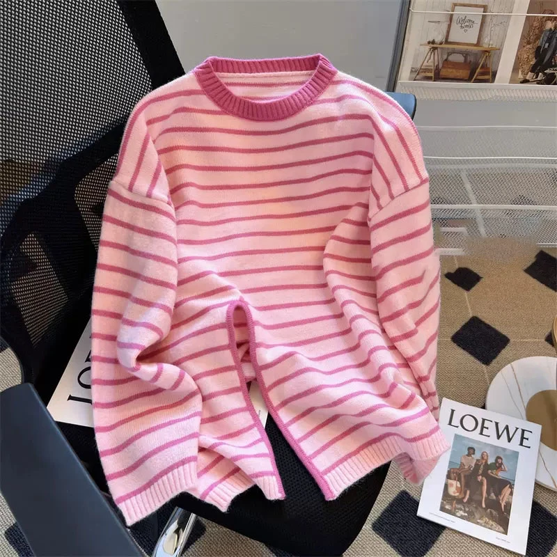 Sweet Spicy Pink Striped Knitted Sweater for Women Spring Autumn Long Sleeve Side Split Loose Pullovers Korean Women's Tops