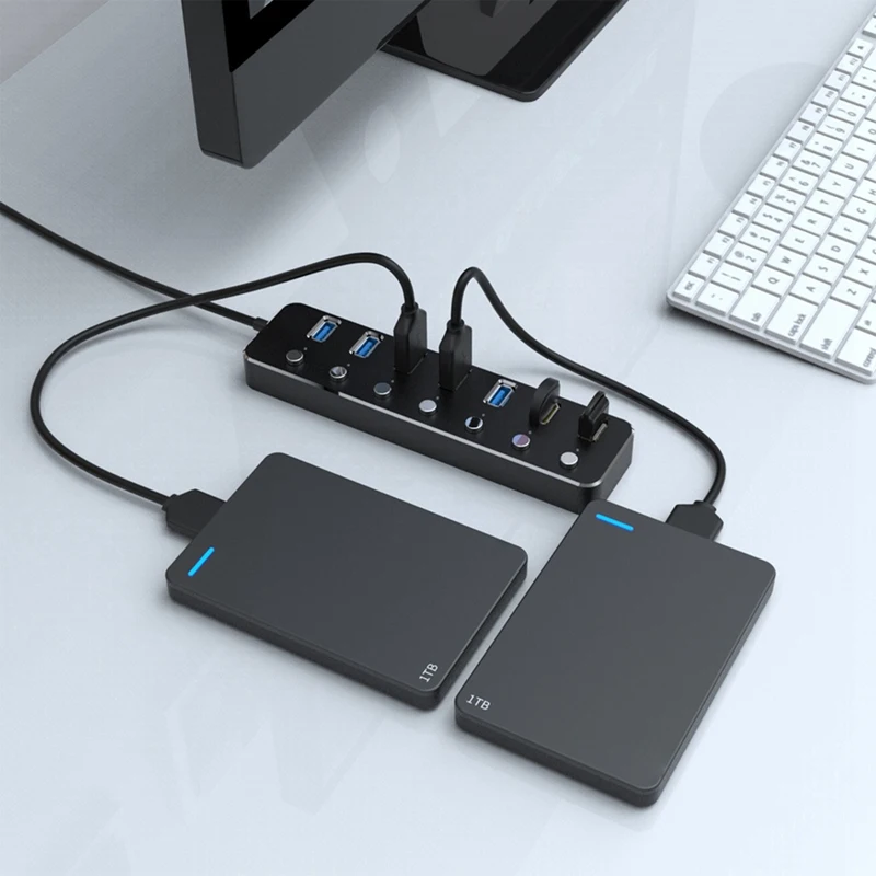 USB 3.0 Power Adapter 7 Ports Aluminum Alloy Splitter Hub USB Hub 3.0 USB Multi Extender Switch 1.2M Cable Hub