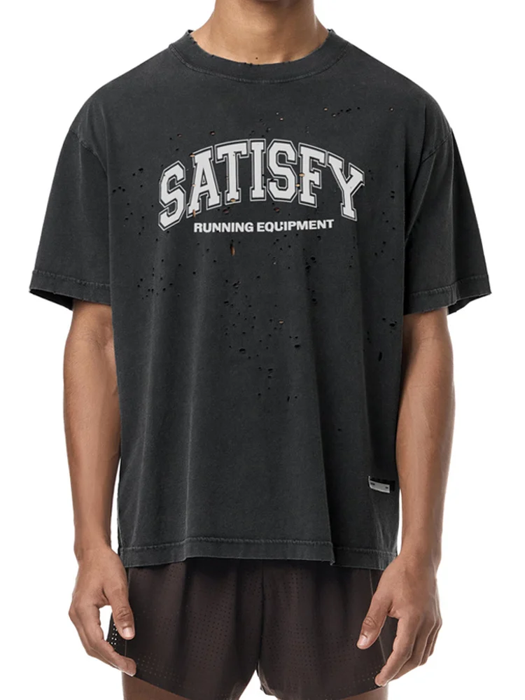 

High Quali Satisify Motech round Ne Distred Pure Cotton Running Printed Bla ort Sve T-irt Youth Faion Summe...