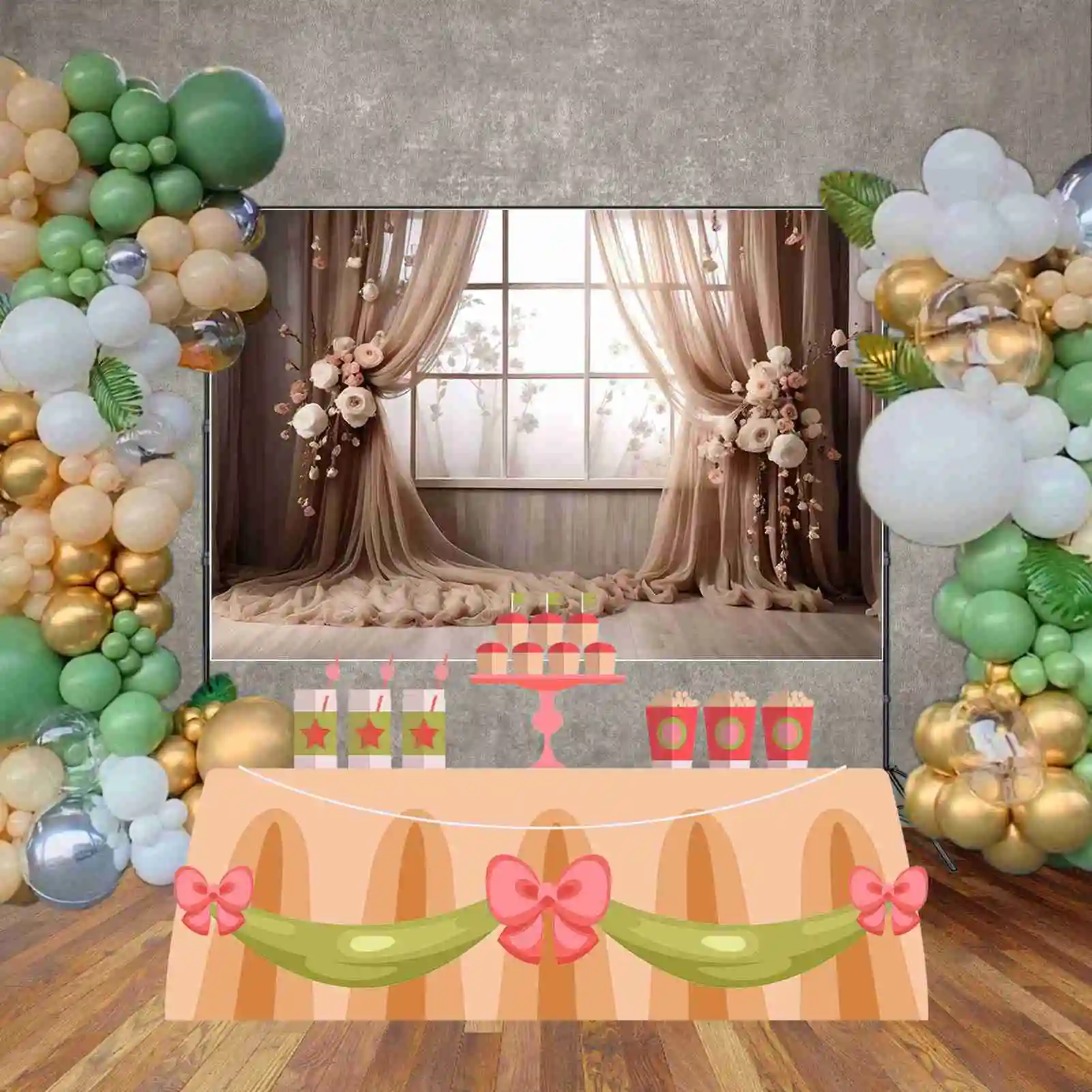 Фотофоны MOON.QG с изображением занавески окна на день рождения, женские драпированные тканевые фотообои с изображением деревянных цветов, Фотографические принадлежности на заказ