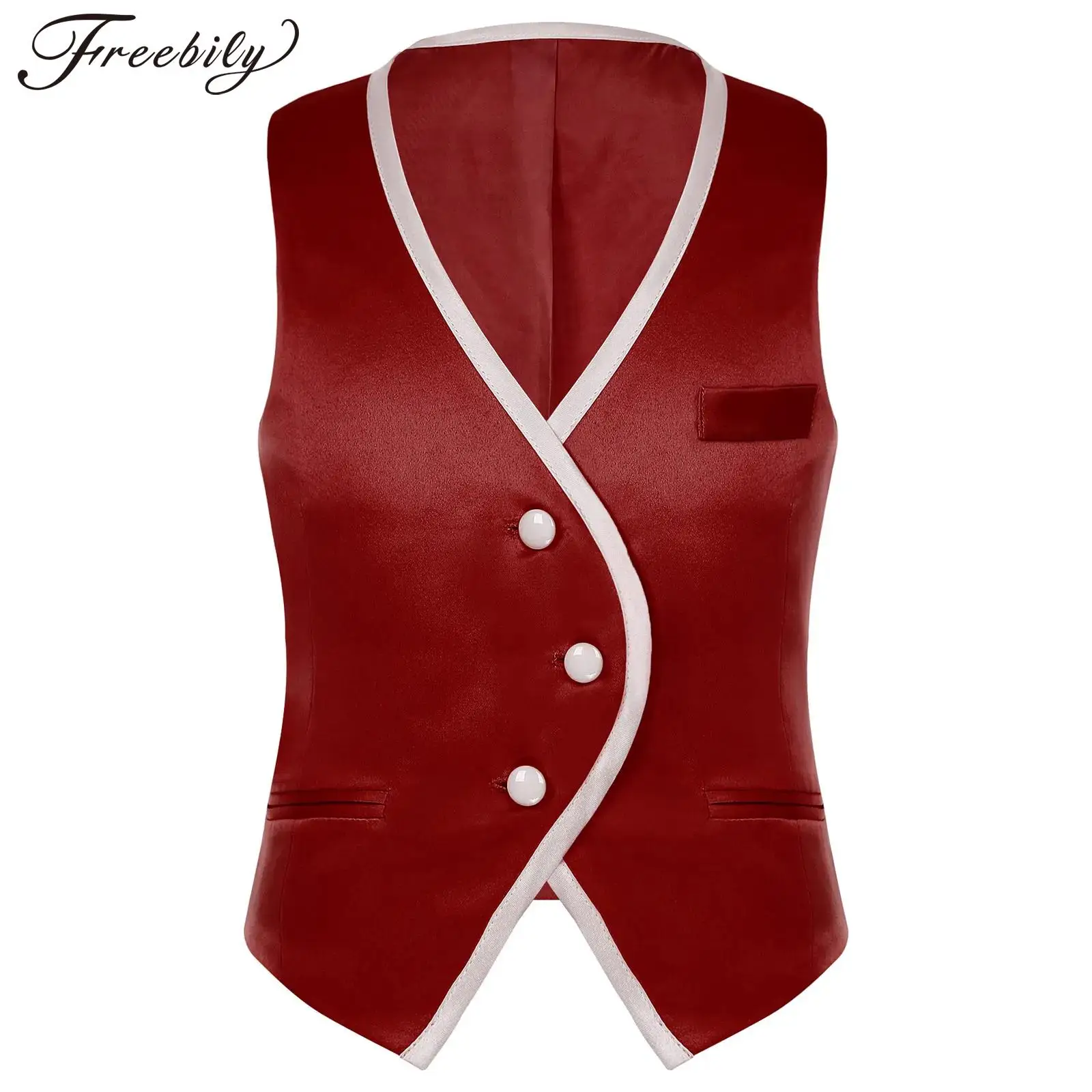 Kids Boys Gentleman Waistcoat V Neck School Uniforms Suits Vest Tank Top for Birthday Party Host Stage Performance Tops