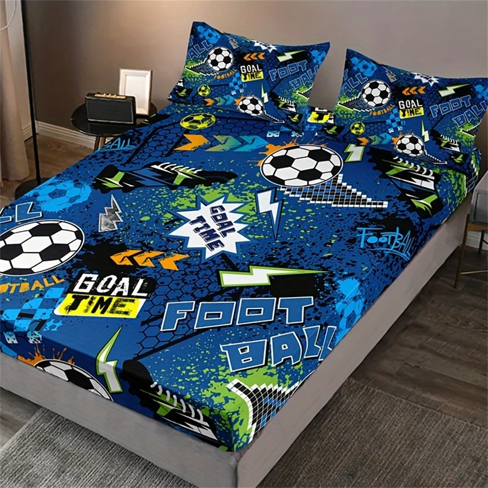 

3pcs Fashion Cartoon Football Print Fitted Sheet Set, Soft Comfortable Breathable Bedding Mattress Protector Set, For Bedroom