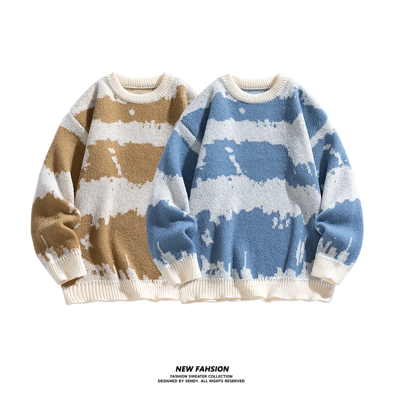 

2025 Popular Spring Autumn Graffiti Jacquard Pattern Pullover Sweater Casual Round Neck Contrast Color Knitted Men's Pullover