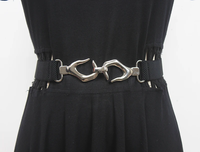 Women's Runway Fashion Gold Silver Buckle Elastic Cummerbunds Female Dress Corsets Waistband Belts Decoration Narrow Belt R1932