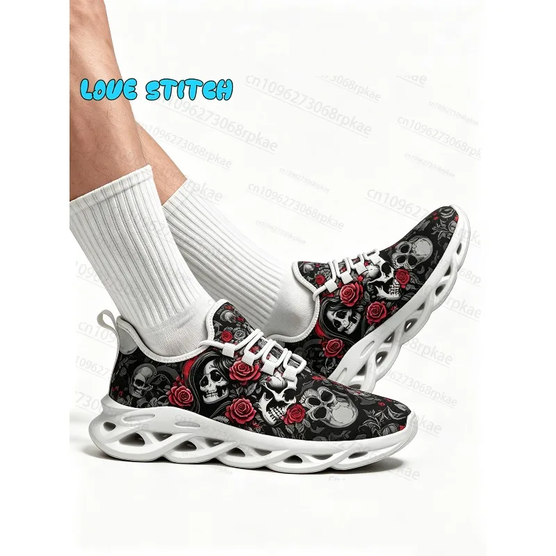 Unisex Adult Footwear Gothic Style Skull Red Floral Rose Pattern Sneakers Punk Street Sole Light Lace Up Cushion Sneakers