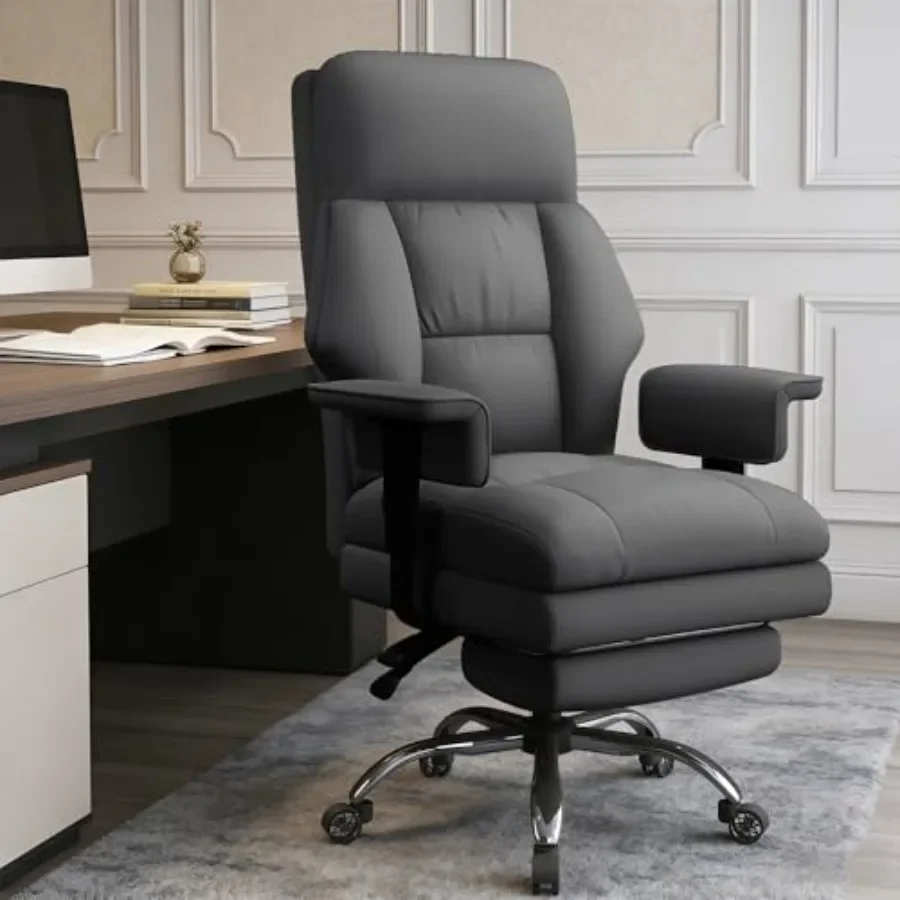 Home office executive chair with wheels, PU leather, black, ergonomic high-back design with footrest for comfort and support