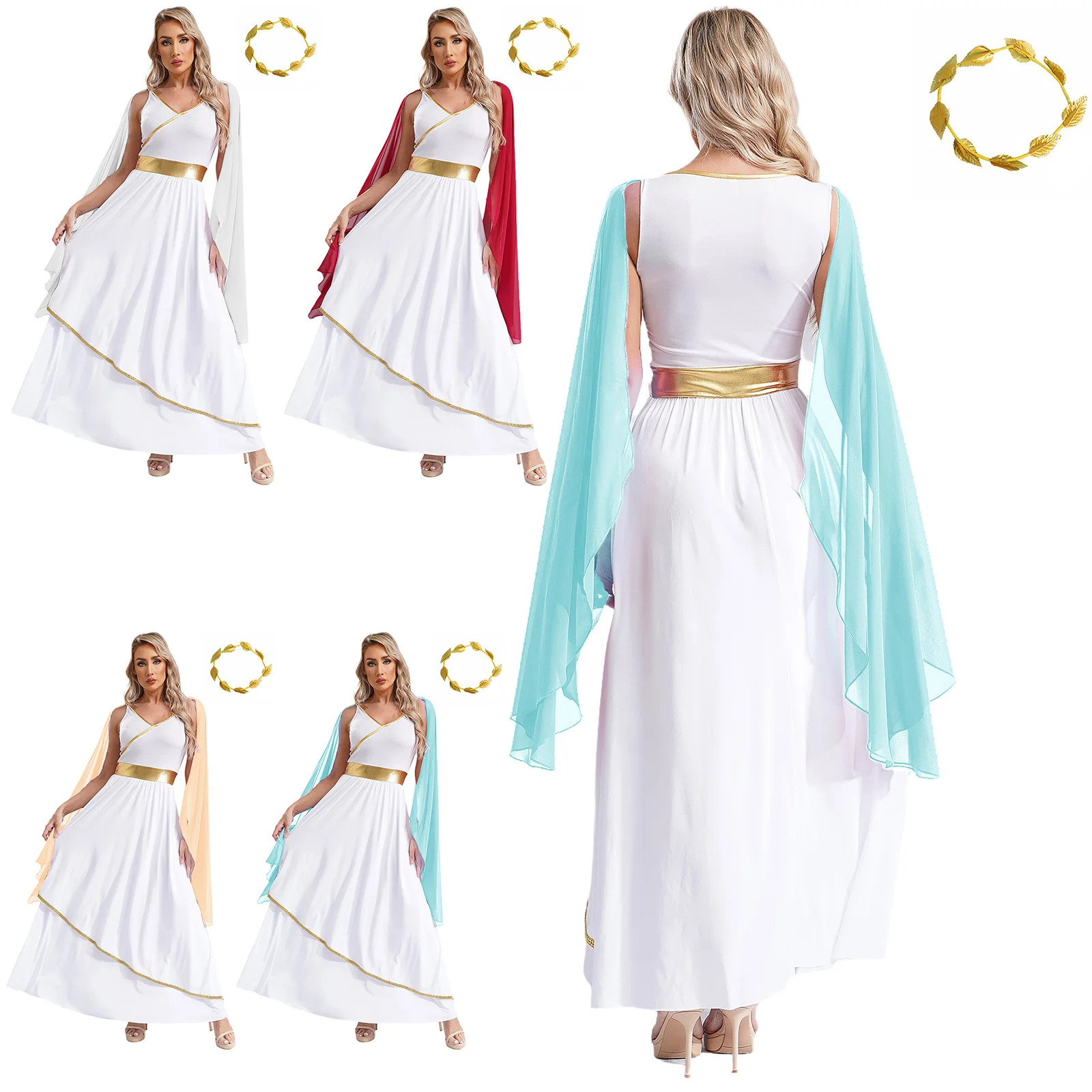 Vrouwen Halloween Oude Griekse Romeinse Athena Godinnen Koningin Cosplay Kostuum Cape Toga Jurk met Hoofddeksels Kerk Aanbidding Jurk