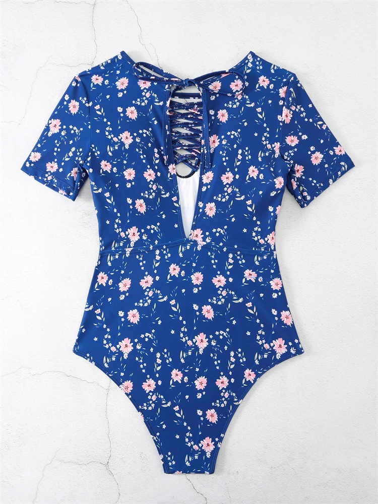 One Piece Swimsuit Women 2024 New Blue Print Short Sleeves Hollow Out Sexy Bodysuit Swimwear Monokini Beach Bathing Suit Female