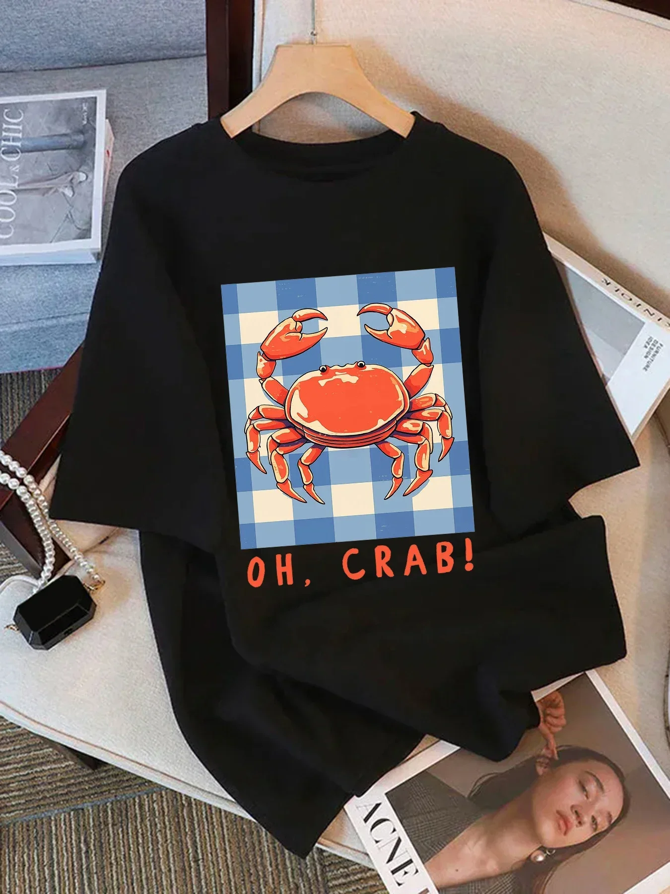 Summer Russian Style Cute Crab Print Women's T-shirt Fashion Casual Y2k Personality Women's Top Harajuku Aesthetic Clothes Cozy