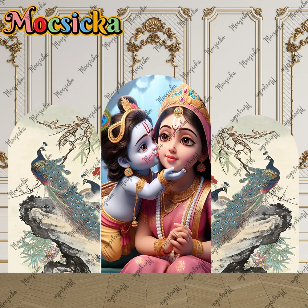 

Двусторонний фон Mocsicka с аркой, декором в стиле Кришны и павлина, для детского праздника, первого дня рождения, выпускного, студийного использования