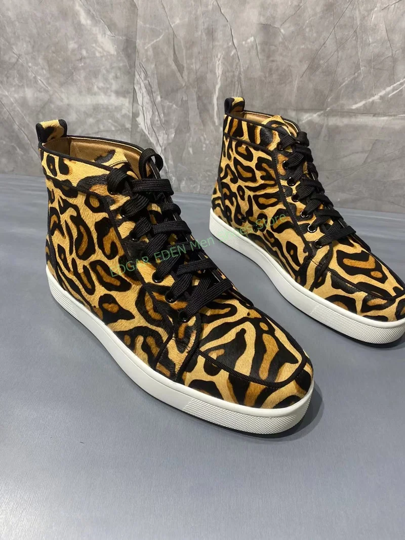 Men Woman Fashion Yellow Brown Leopard Print High Top Boots Comfortable Flat Heel Round Toe Lace Up Male Ankle Boots Shoes