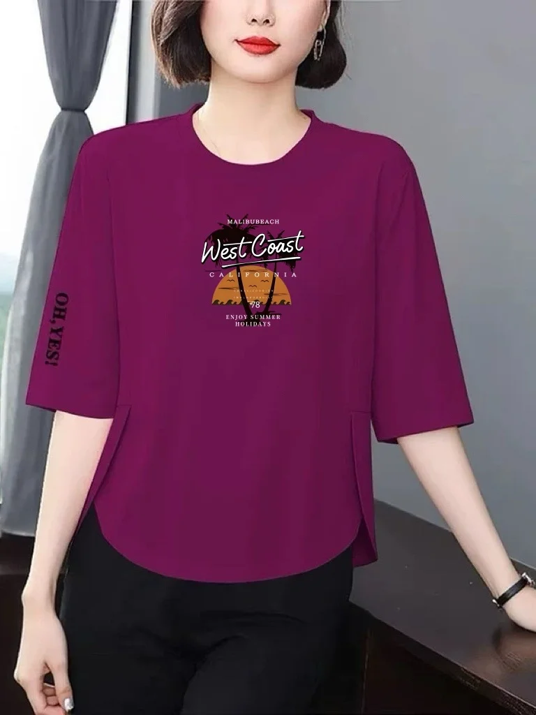 

Elegant Loose Fit Women's T-Shirt with Letter Print And 7/8 Sleeves for Middle-Aged plus Size Slimming Fashionable Versatile