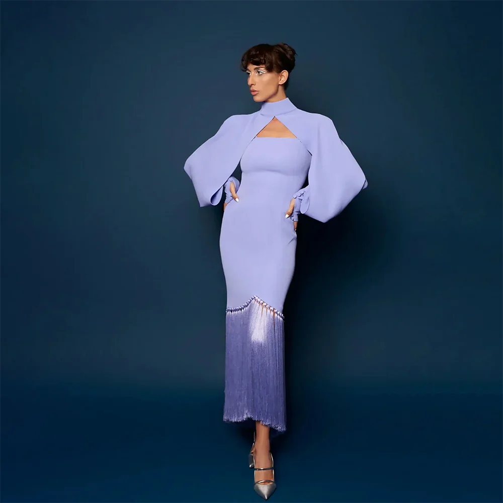 

Lavender Evening Dress Customized High Neck Long Sleeves Jersey Tassel Mermaid Prom Gowns Backless Tea Length Party Dresses