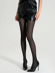 A pair of women's black checkerboard tights sexy translucent thin high spring pantyhose