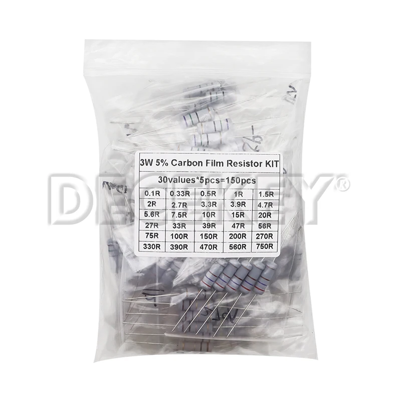 150PCS Resistor Kit 2W 3W 5W 5% 30values X 5PCS Carbon Film Resistance 0.1R-750R ohm 1K-820K Set