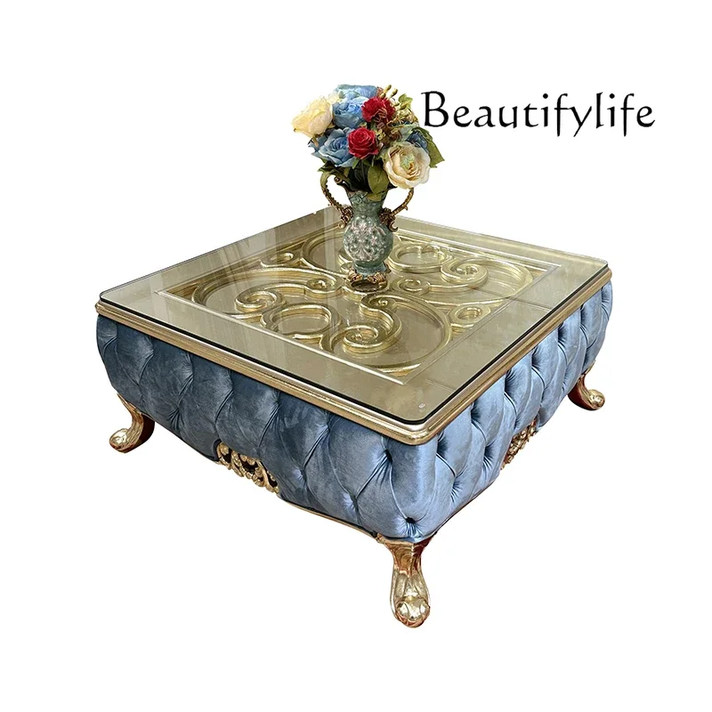 

French solid wood square table European luxury square large coffee table neoclassical tempered glass living room furniture