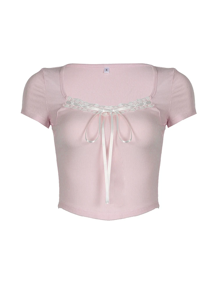 Balletcore Sweet Y2K Tie Lace Trim Square Collar Pink T-Shirt Women Short Sleeve 2000s Cute Kawaii Clothes