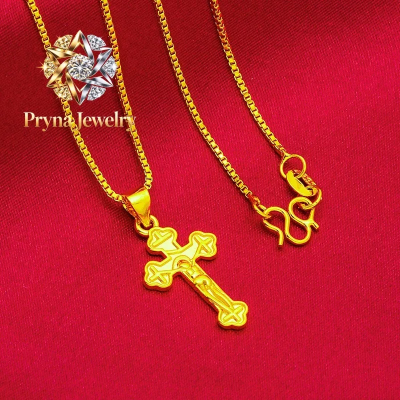 

Pryna Jewelry 9999 24K genuine gold classic men's and women's dominant cross necklace men's and women's chain cross gold jewel