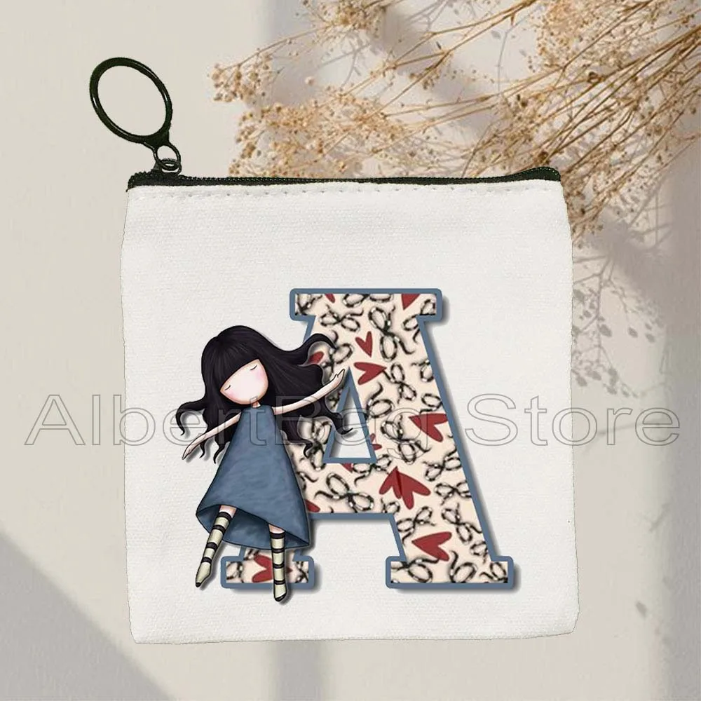 Lovely Alphabet Initial Letter Cartoon Girl Santoro Books Lover Gorjuss Little Doll Canvas Coin Purse Key Case Bag Wallet Pouch