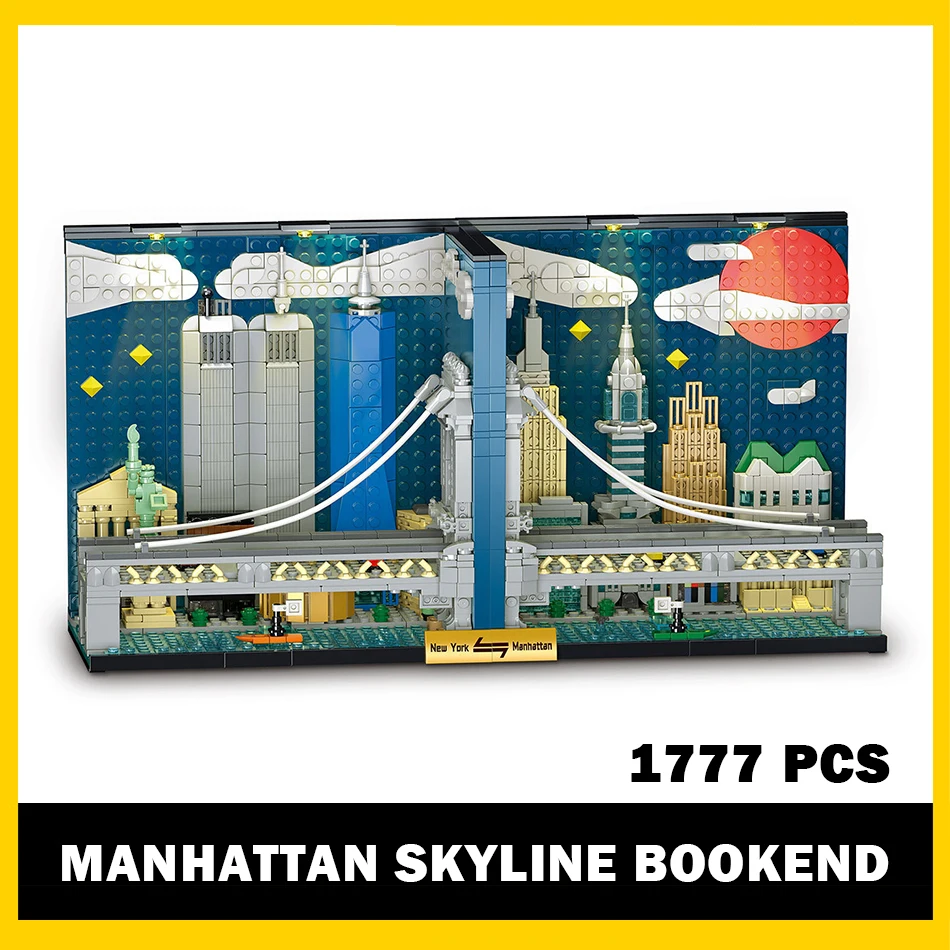 

2025 MOC New York City Manhattan Skyline Bridge Bookend Building Blocks with LED Street View Construction Bricks Toys Kids Gifts