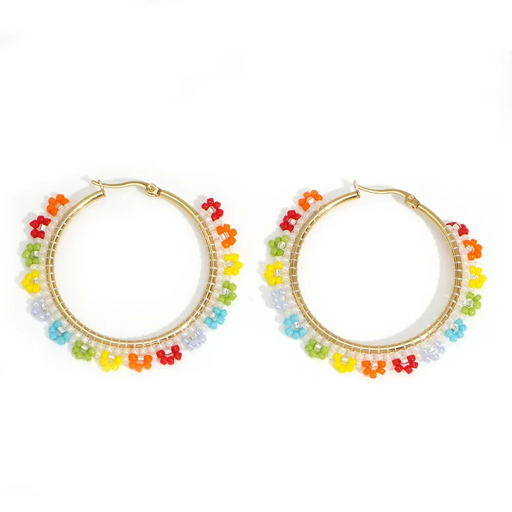 Beaded earrings Circle Flowers Originality Bohemia Rainbow Hand knitting Alloy Female Versatile Tide Simple Rice bead earrings