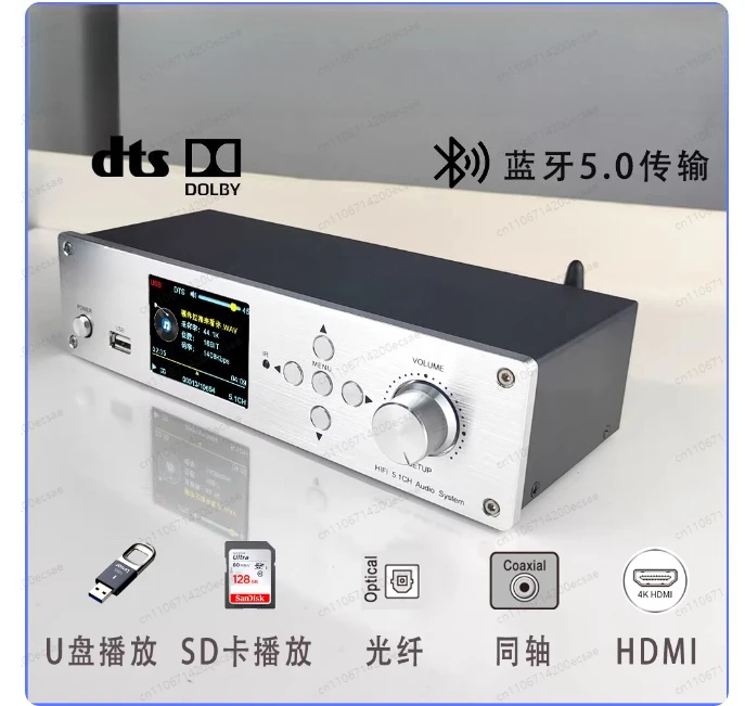 899XPRO 5.1 Dolby Atmos DTS Decoder | ES9023P DAC with HDMI, Bluetooth & USB Playback, Silver Panel