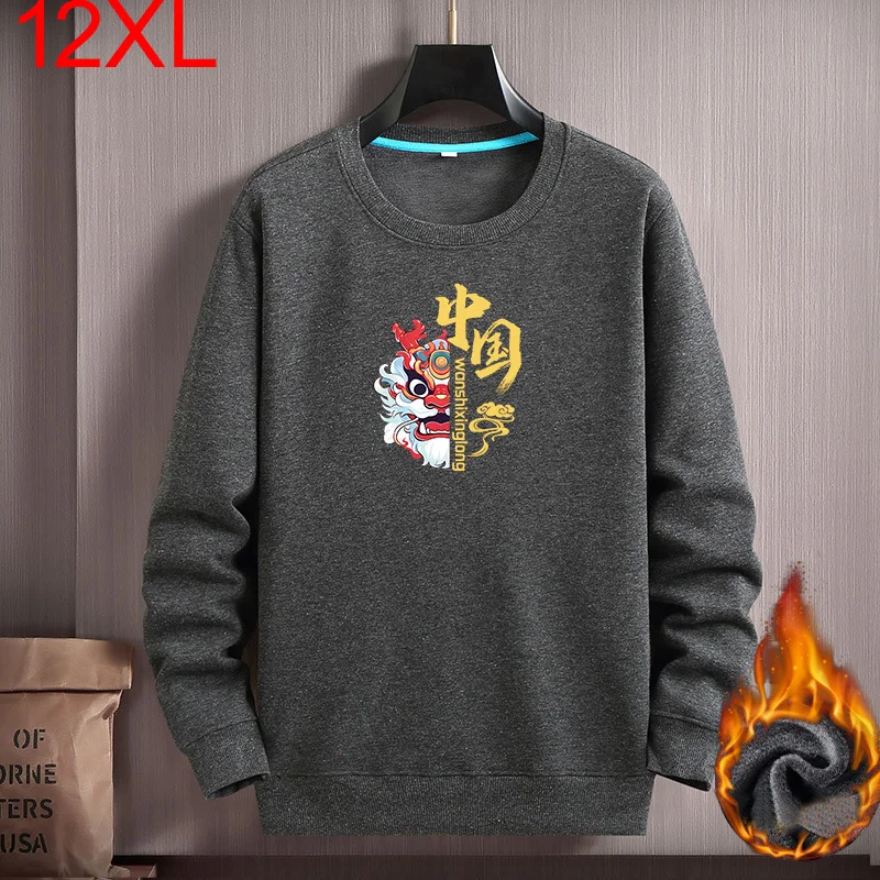 

Men Trendy Fat Dragon Print Autumn Winter Thickened and Velvet Warm Round Neck Sweatshirt Plus Size Loose Pullover 12xl 165KG