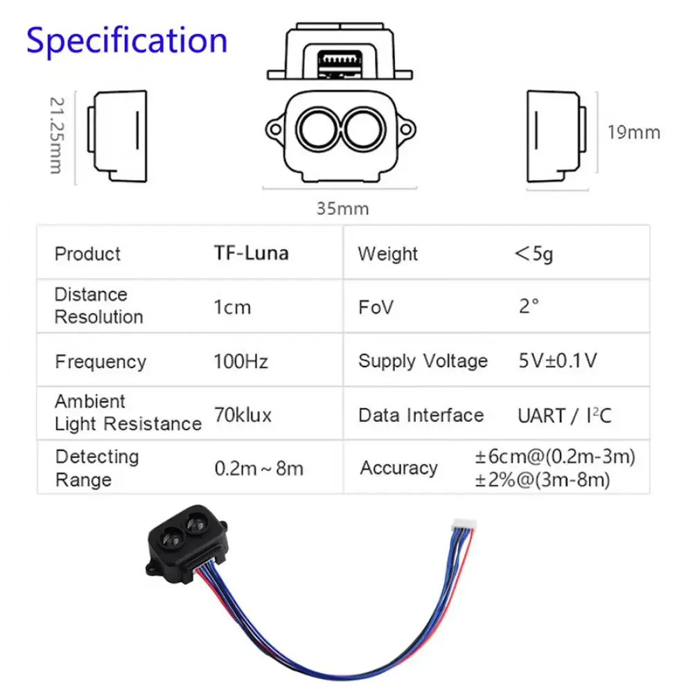 TF-Luna Lidar Ranging Sensor Module Range Finder Sensor Single-Point Micro Ranging Module for Arduino Pixhawk 5V UART IIC