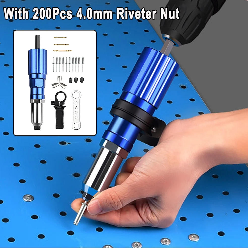 Electric Rivet Gun Adapter with 200 Rivets Pull Core Riveting Converter Head Pulling Rivet Gun Conversion Head Tools Accessories