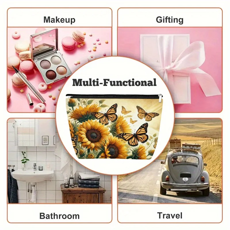 Un sac de maquillage tournesol et papillon – joli sac multifonctionnel à fermeture éclair pour femmes, sac de rangement de bijoux