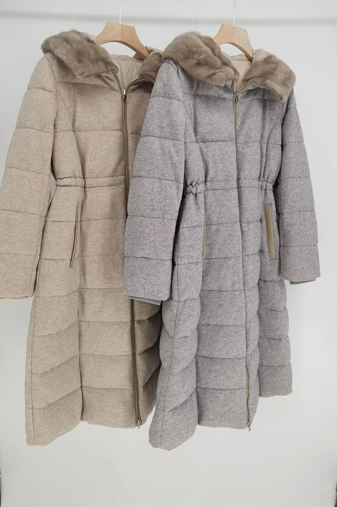 Luxurious long cashmere puffer exquisitely genuine mink fur trimmed