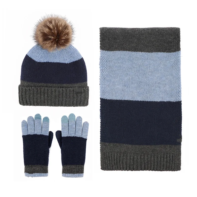 Best-selling England style Autumn and Winter Men's and Women's Thickened blue Warm Knitted Hat Scarf gloves Three-piece Set