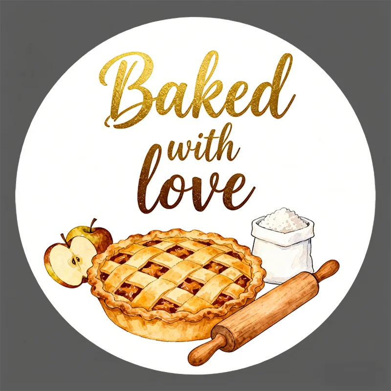 Pegatinas redondas: diseño de tarta de manzana y suministros para hornear con acuarela "Cuidado con amor" para bolsas de regalo, embalaje para hornear y manualidades