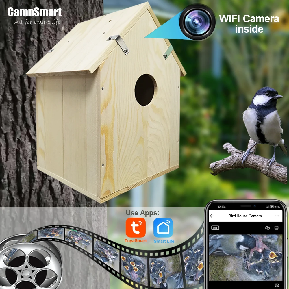 Smart Bird Cage Nest with WIFI Camera Outdoor Wireless Support Recording Motion Detection Natural Wooden House for Pet Parrot